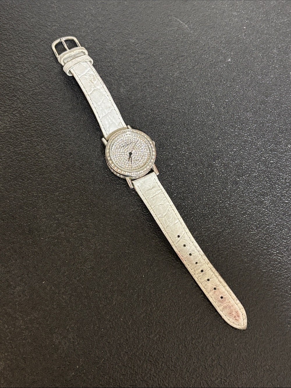 Peugeot WORKING Silver-Tone Crystal Dial Watch Leather White Croc Strap
